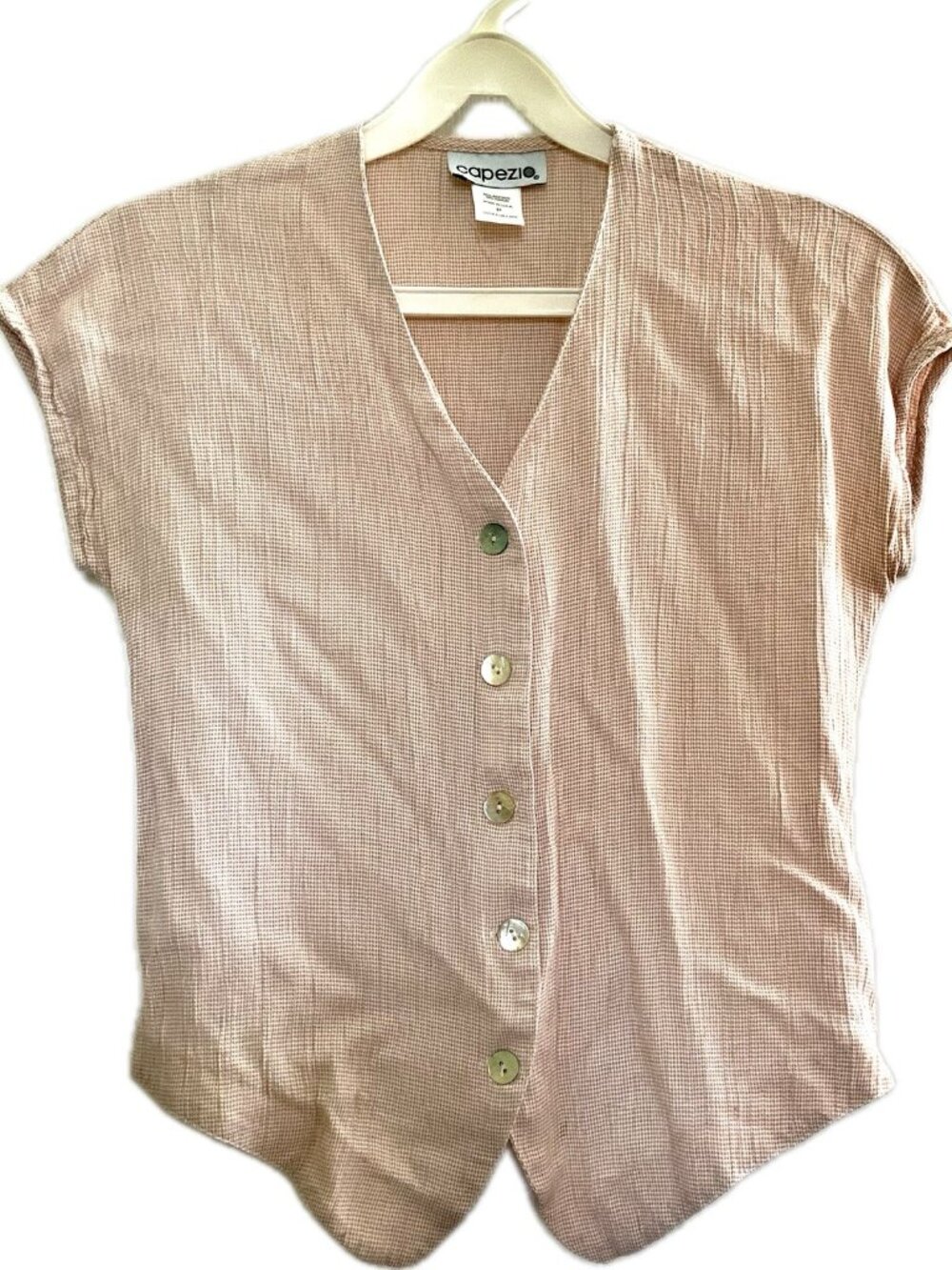 Vtg Capezio Pink Textured Plissé V-Neck Cap Sleeve MOP Button Front Blouse Sz P